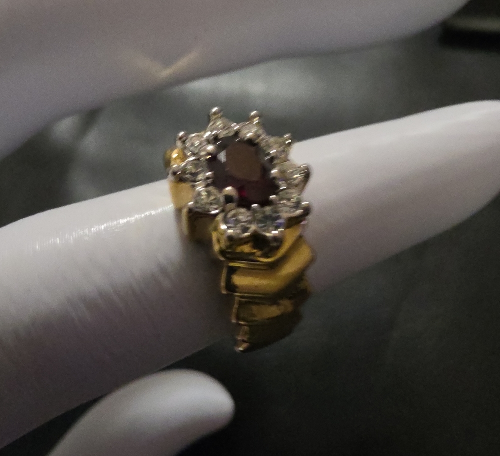 Gold-Tone Ring with Red Center Stone and Clear Accents